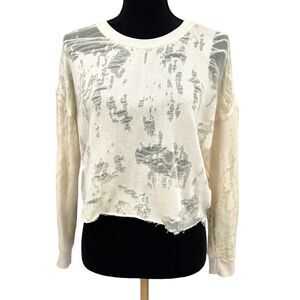 IRO Jeans Womens Cotton Blend White Distress Crew Neck Long Sleeve Sweater XS‎